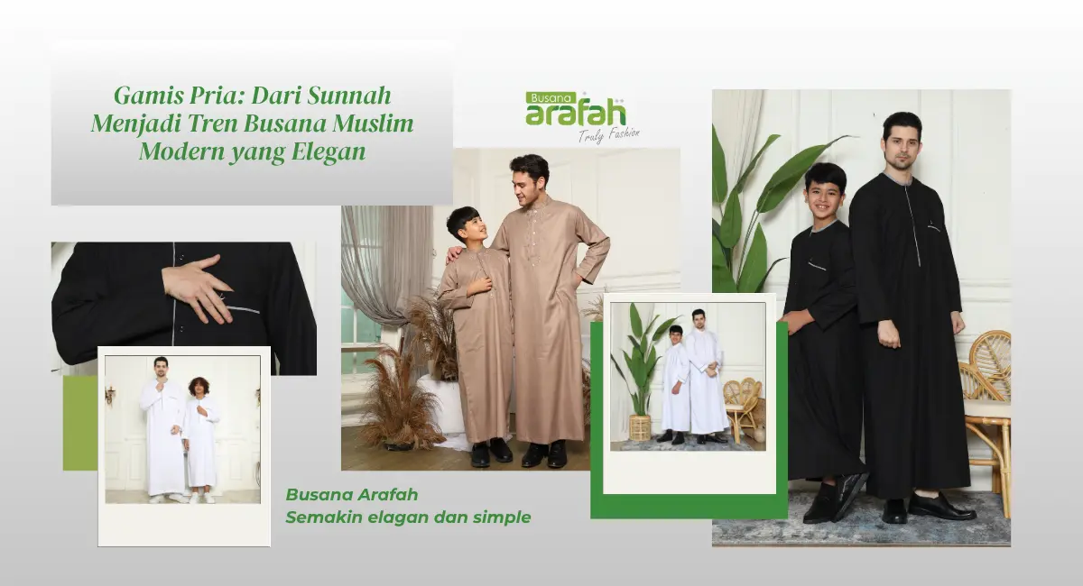 Kolase pria mengenakan gamis dalam beberapa warna dan model